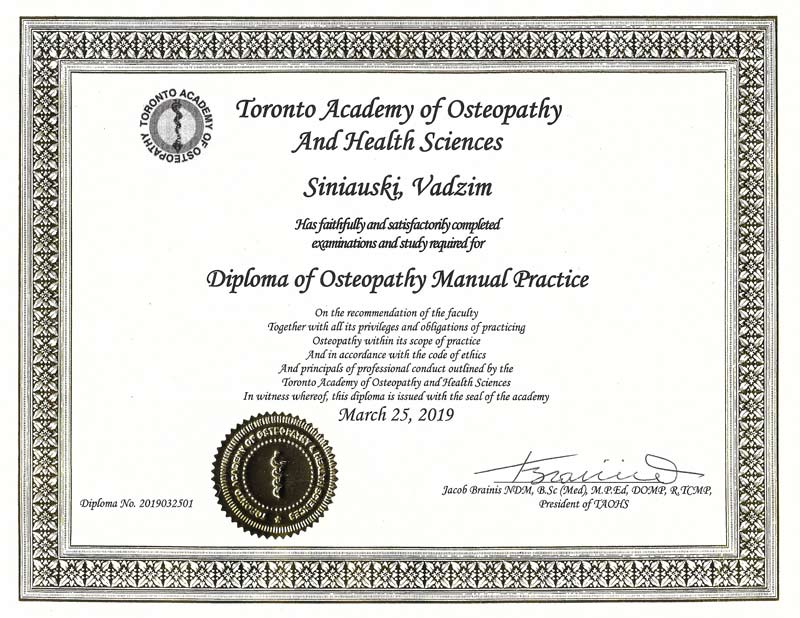 Vadzim Siniauski Diploma of Osteopathy Manual Practice