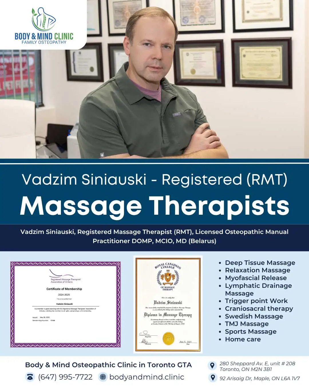 Body & Mind Clinic Vadzim Siniauski Registered Massage Therapists RMT